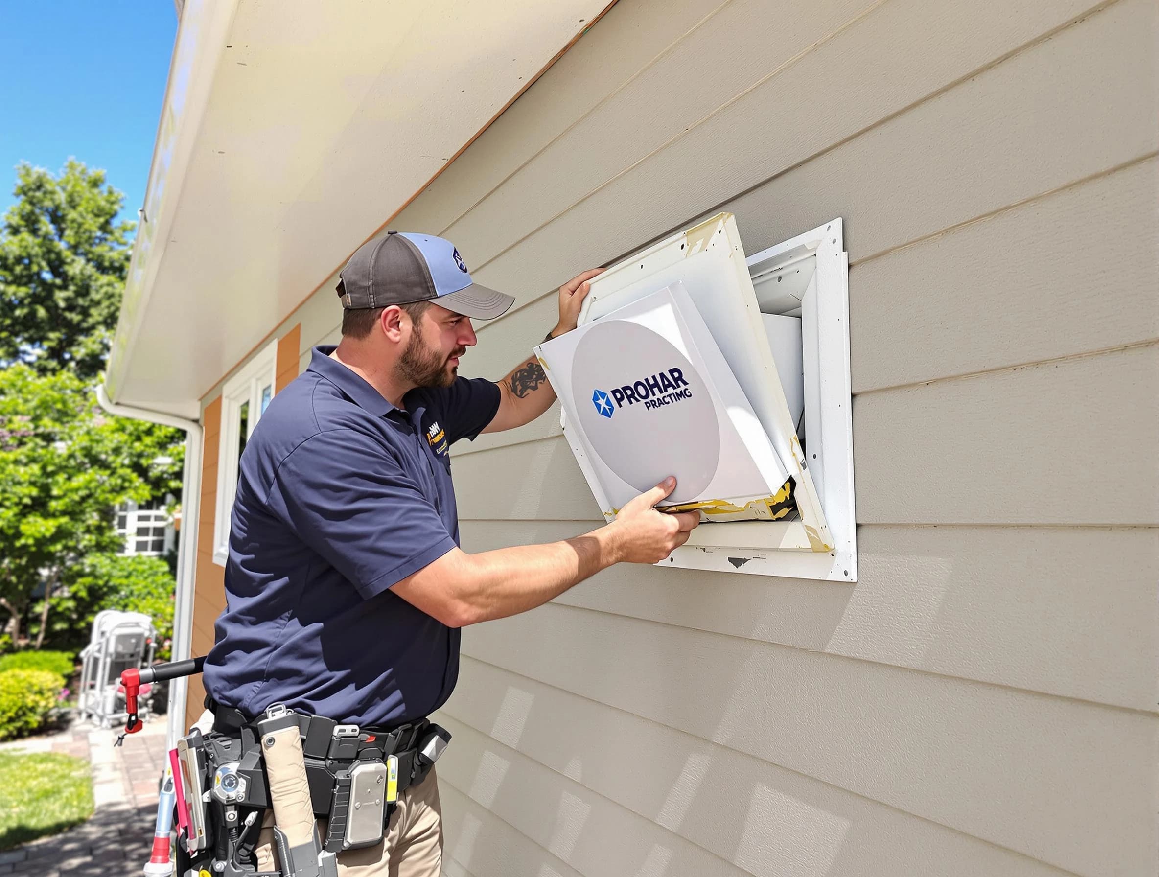 Talladega Dryer Vent Cleaning technician installing a new protective dryer vent cover on a home in Talladega