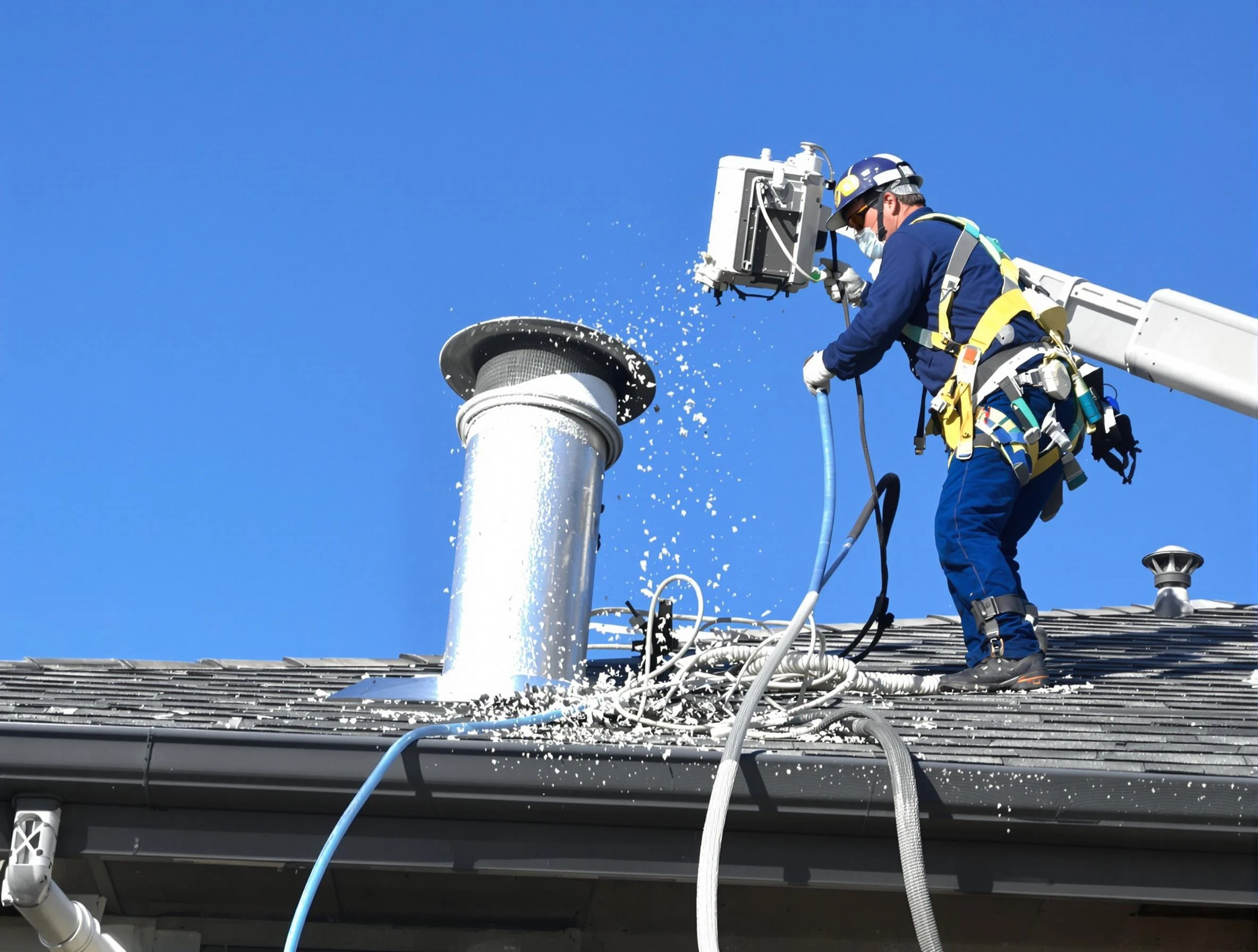 Talladega Dryer Vent Cleaning certified technician safely cleaning a roof-mounted dryer vent in Talladega