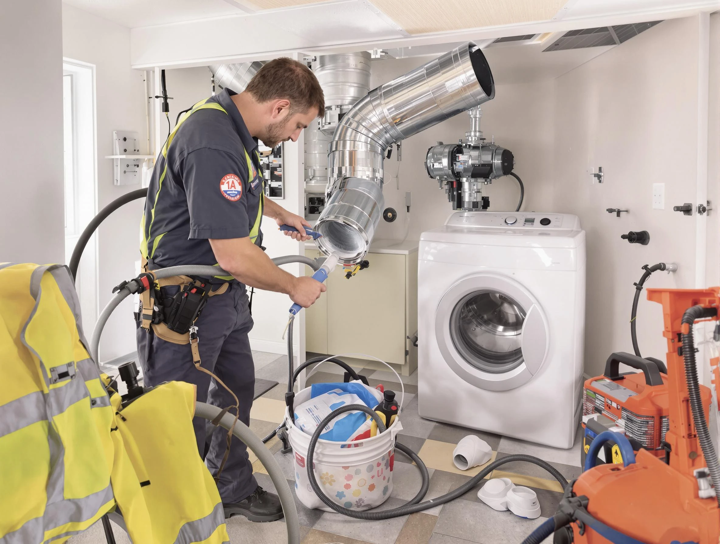 Talladega Dryer Vent Cleaning technician using specialized equipment to clear severe dryer vent blockage in Talladega